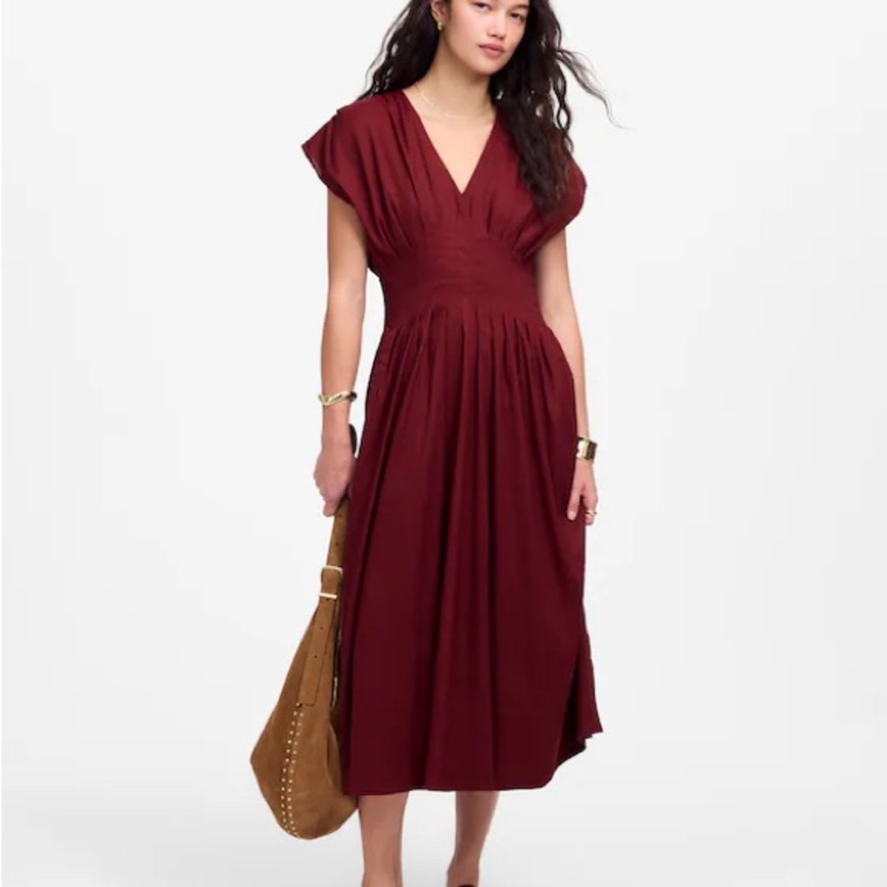 Madewell Pleated V-Neck Burgundy Midi Dress